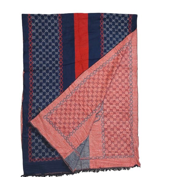 Gucci Vintage Red & Blue Stripe Monogram Shawl Wrap Scarf - Picture 4 of 10